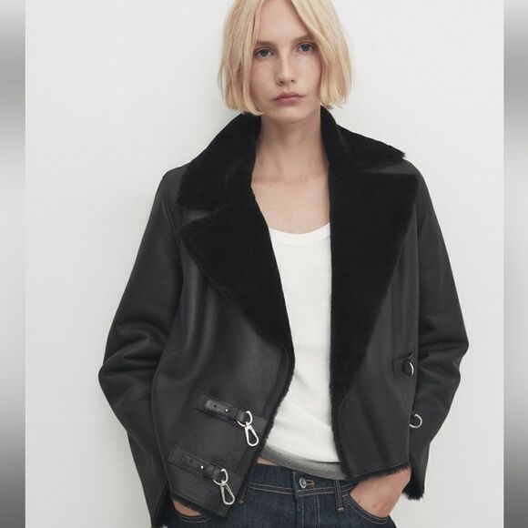 NWT Massimo Dutti | Leather mouton jacket with furskin detail - Picture 2 of 14